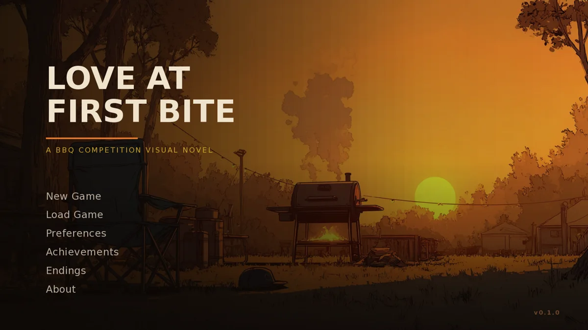 Love at First Bite title screen — a smoker burning at sunset beside a camp chair