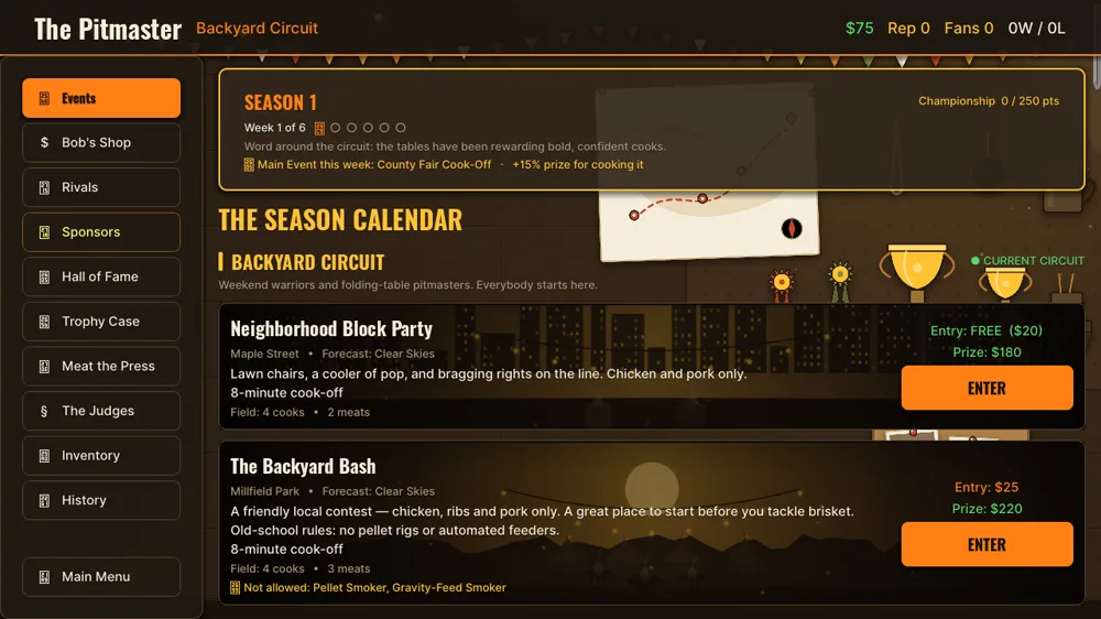 The season calendar screen, listing backyard circuit events with entry fees and prizes