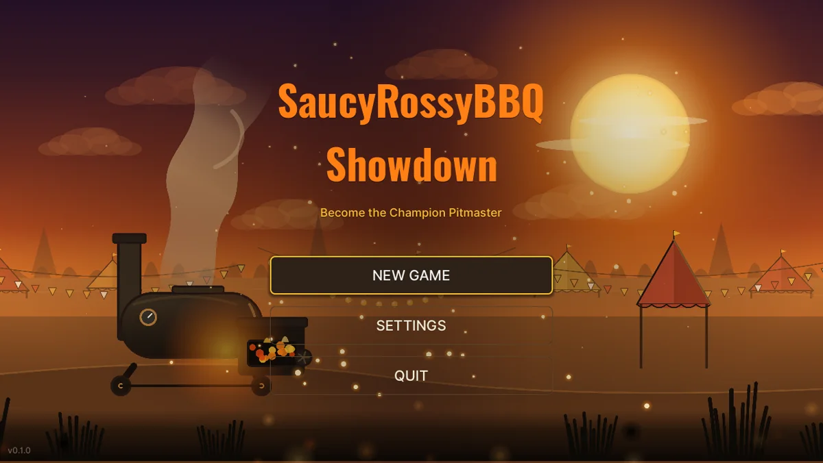 SaucyRossyBBQ Showdown title screen — an offset smoker at sunset with the menu